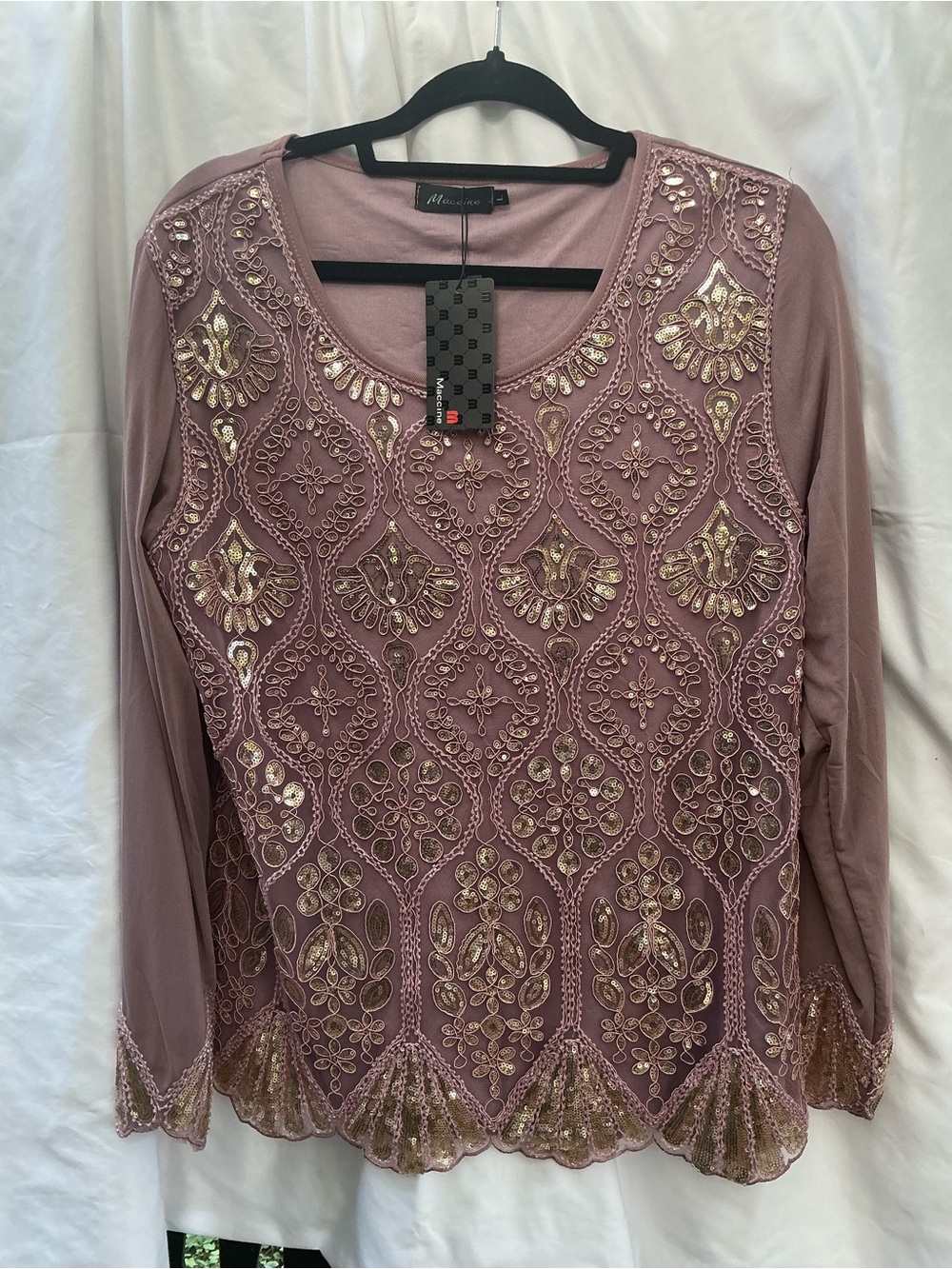 Embellished Mauve Long-Sleeve Blouse with Gold Sequin Detail